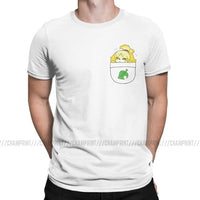 Pocket Isabelle New Leaf T Shirts for Men Cotton Vintage T-Shirt Animal Crossing Video Games Tees Short Sleeve Clothes Party